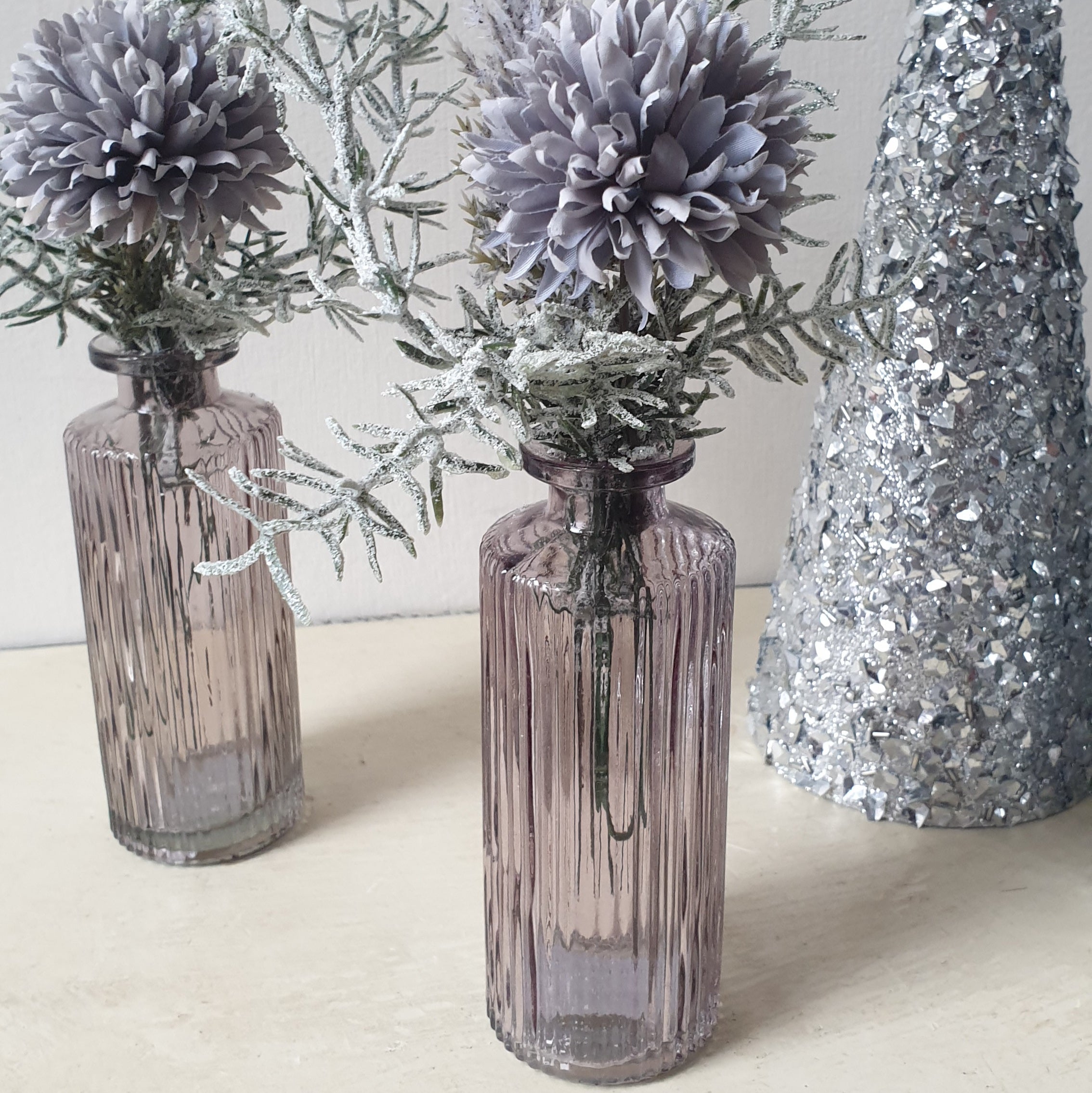 Frosted Violet Glass Bud Vase Set: Fluted Floral Table Decor