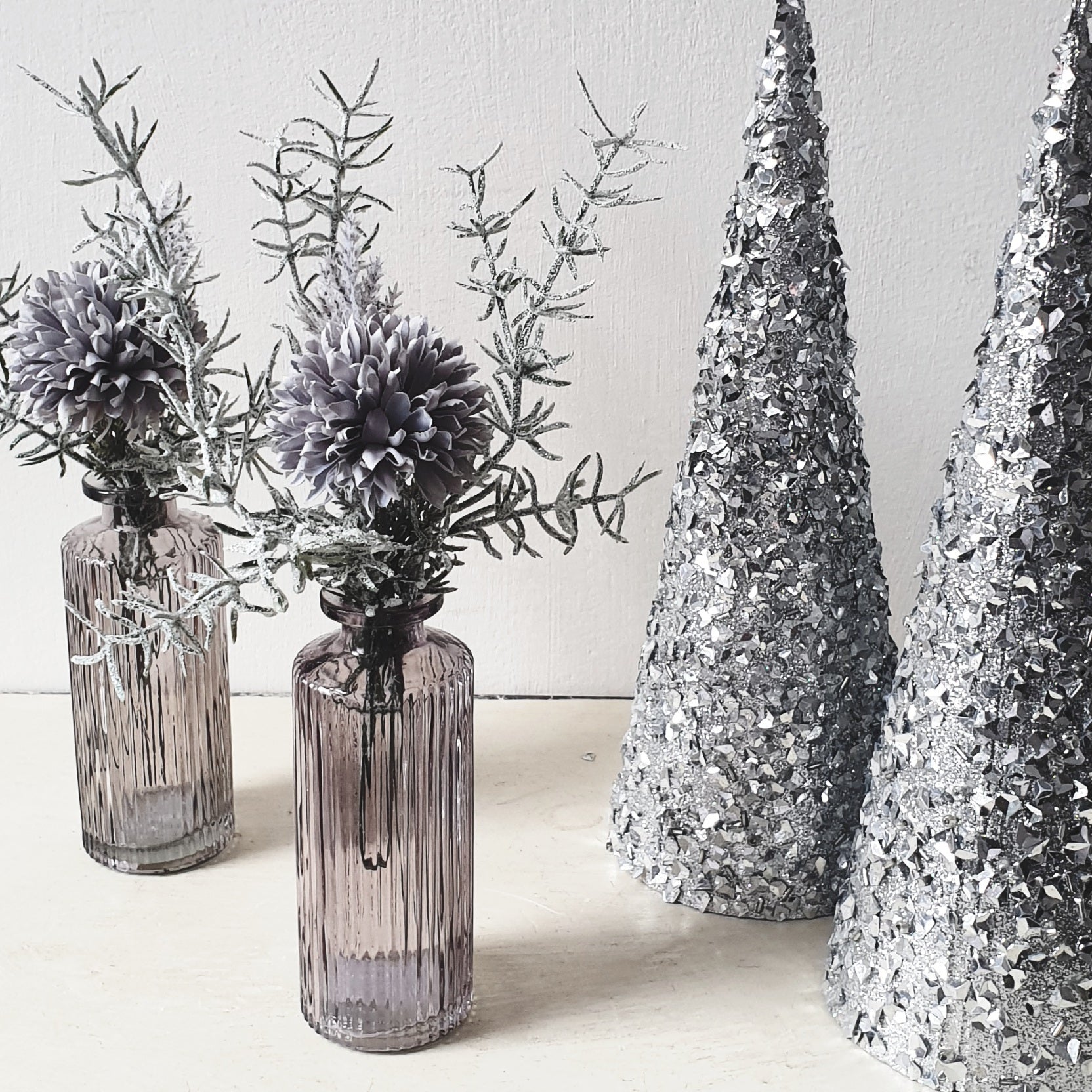 Frosted Violet Glass Bud Vase Set: Fluted Floral Table Decor