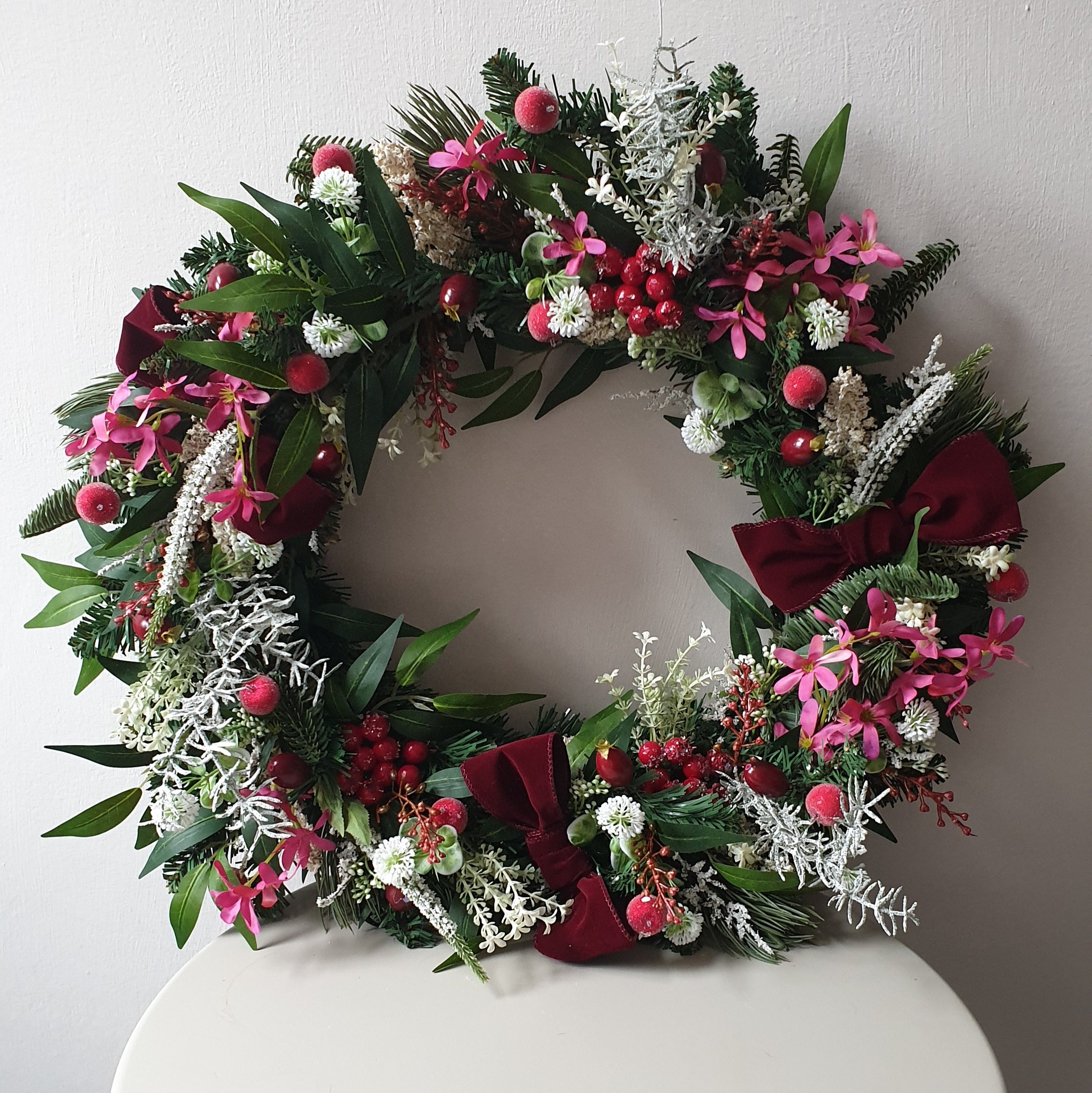 Large Winter Wreath: Pink & Burgundy Bows