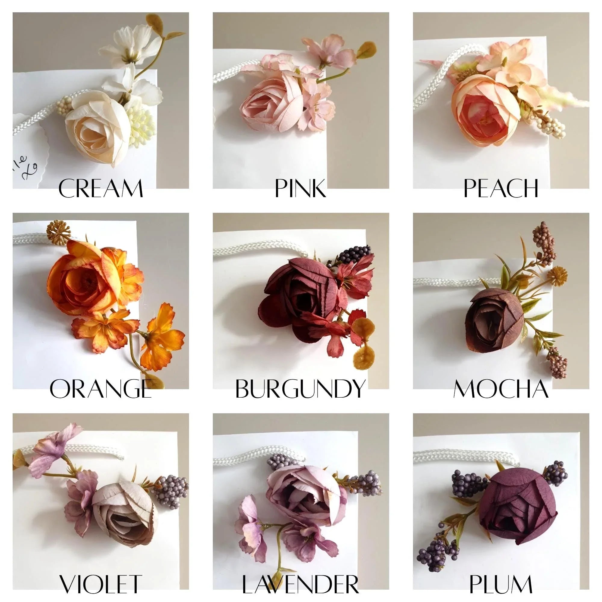 wedding flowers Cheshire - Collage of floral corsages in various colors with labels underneath.